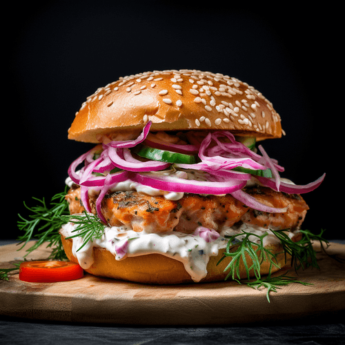 Yountville Salmon Burger with Dill Mayo and Pickled Red Onions Recipe